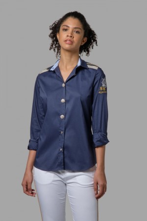 Camisas La Martina Regular-fit Cotton-blend Mujer Azul Marino Chile | CWE-9063