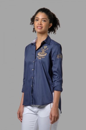 Camisas La Martina Regular-fit Cotton-blend Mujer Azul Marino Chile | HSZ-3387