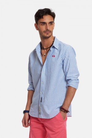 Camisas La Martina Regular-fit Linen-blend Hombre Blancas / Azules Chile | AHN-4352