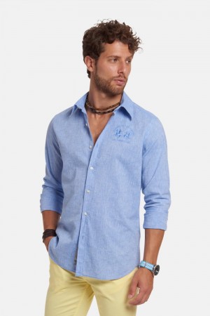 Camisas La Martina Slim-fit Linen-blend Hombre Azules Chile | OPN-4503