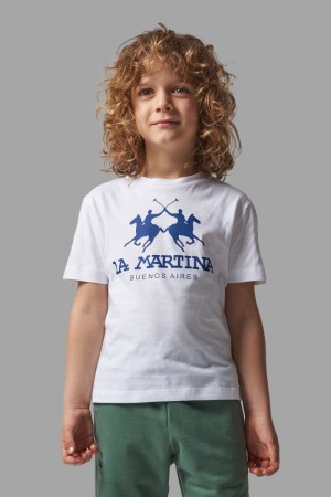 Polera La Martina Classic Cotton Niños Blancas / Azules Chile | DXP-5674