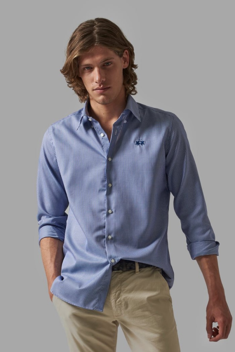 Camisas La Martina Custom-fit 100% Cotton Hombre Azul Marino / Blancas Chile | YJL-2467