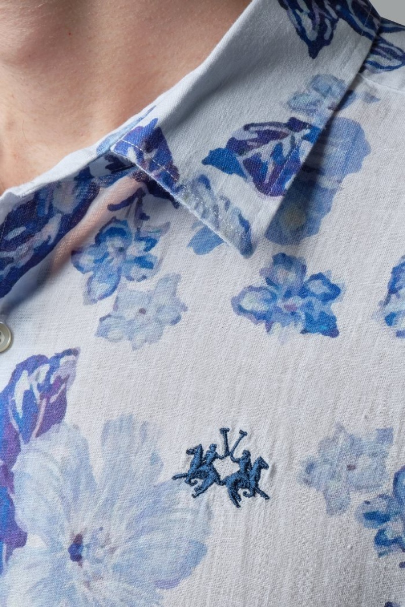 Camisas La Martina Regular-fit Linen-blend Hombre Azules Flower Chile | WRP-3927