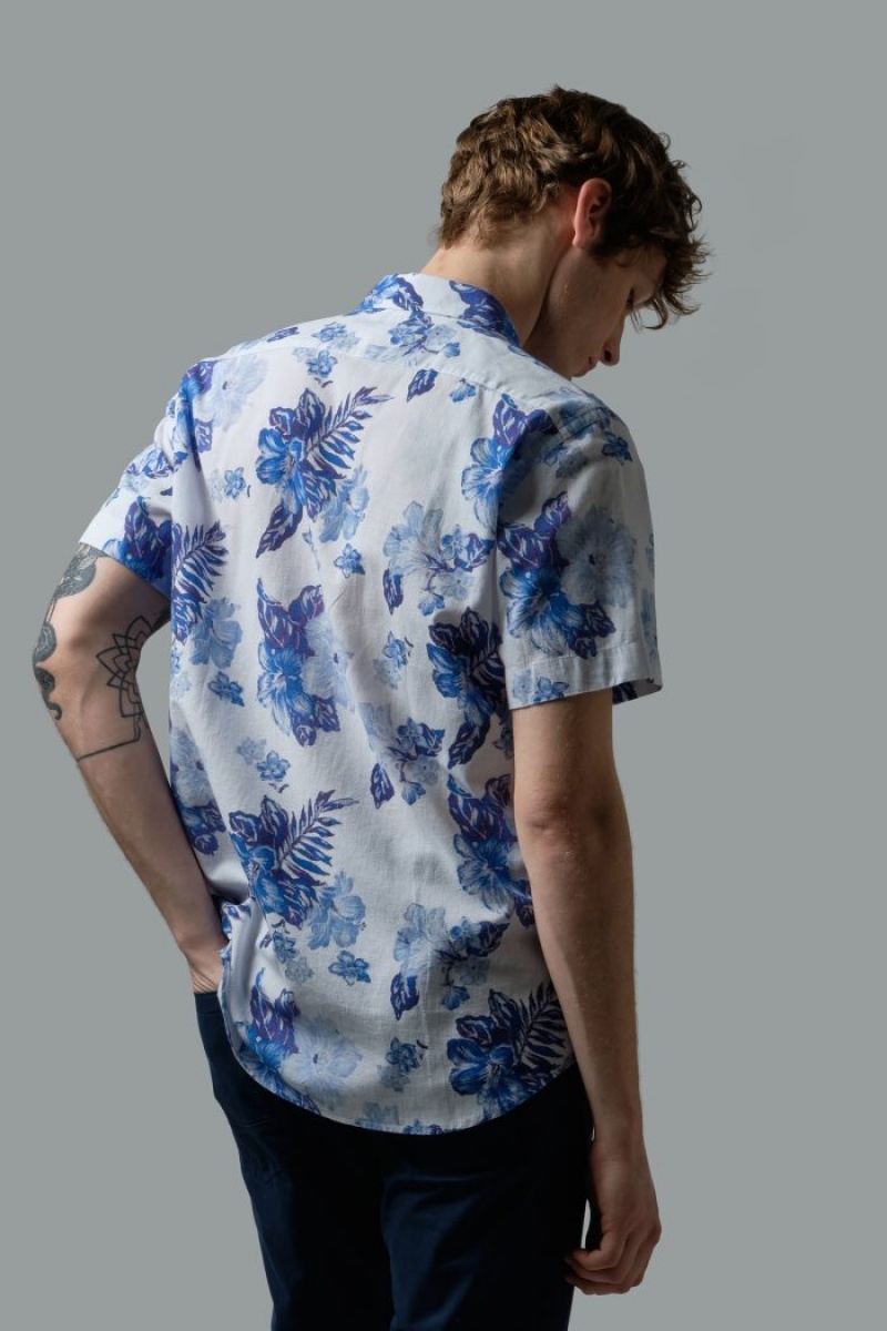 Camisas La Martina Regular-fit Linen-blend Hombre Azules Flower Chile | WRP-3927