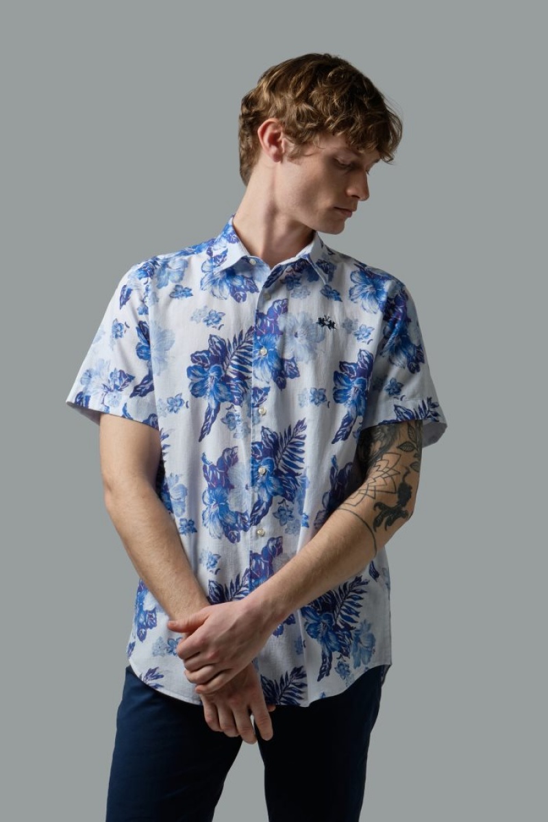 Camisas La Martina Regular-fit Linen-blend Hombre Azules Flower Chile | WRP-3927