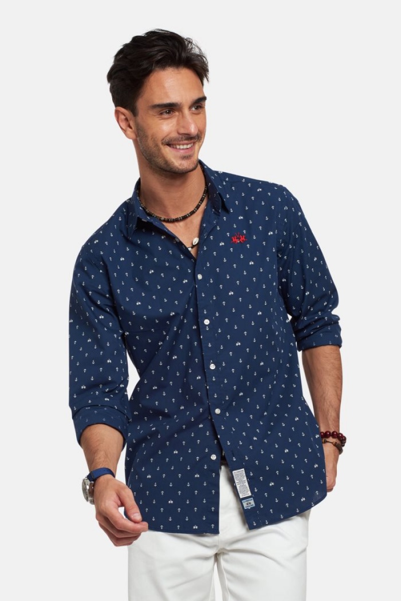 Camisas La Martina Regular-fit Stretch Cotton Hombre Azul Marino / Blancas Chile | PSC-3018