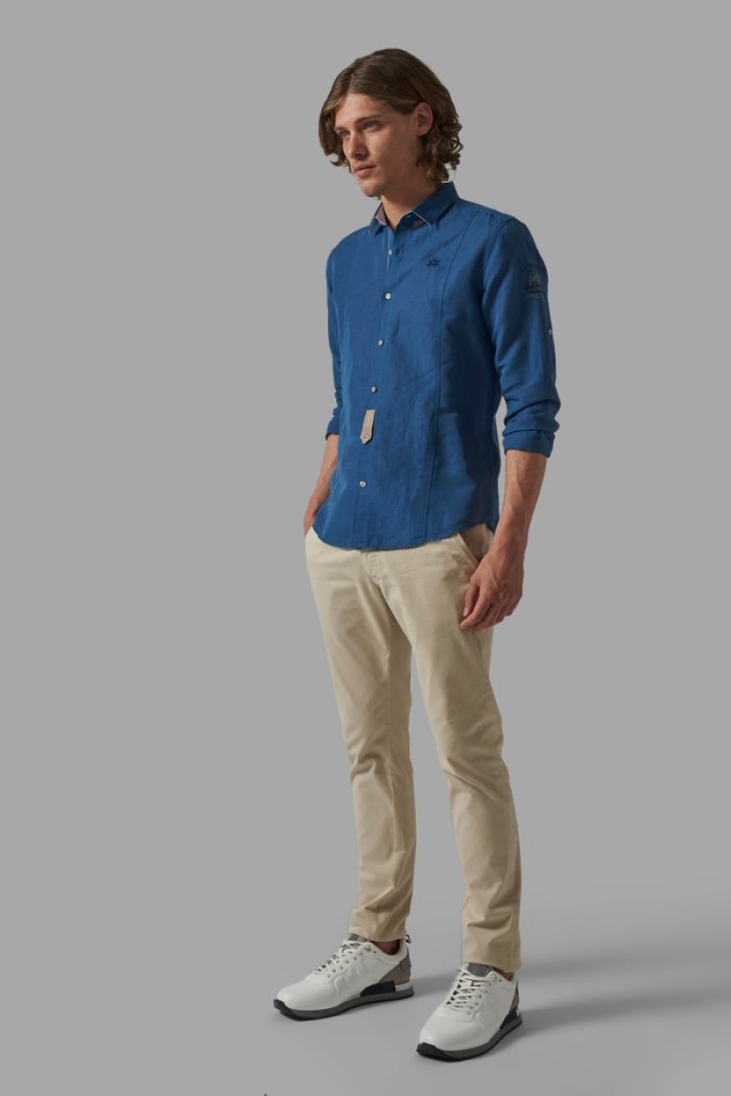 Camisas La Martina Slim-fit Linen-blend Hombre Azules Chile | JZG-5073