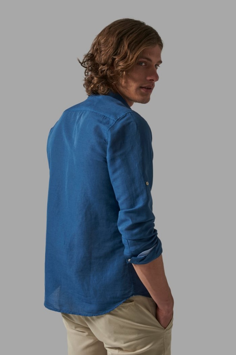 Camisas La Martina Slim-fit Linen-blend Hombre Azules Chile | JZG-5073