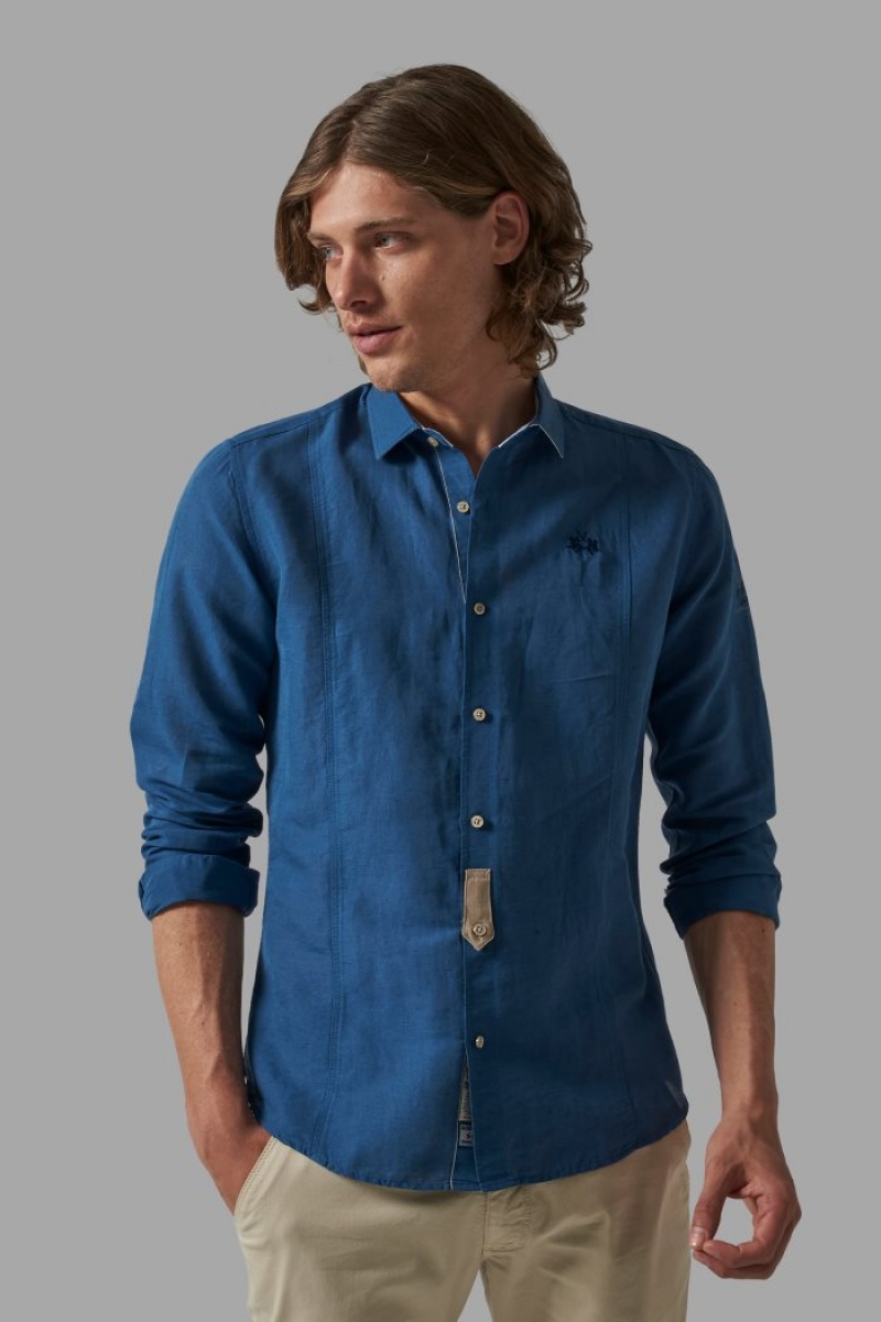 Camisas La Martina Slim-fit Linen-blend Hombre Azules Chile | JZG-5073