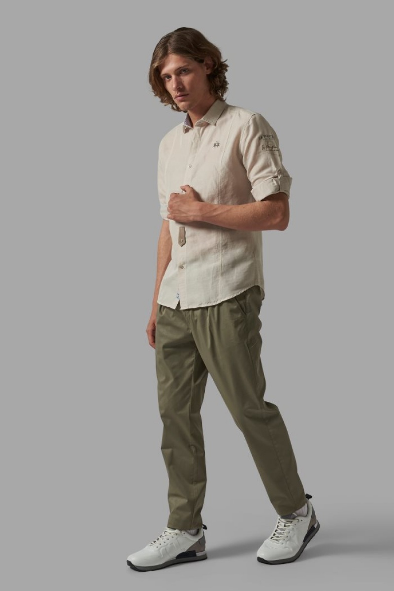 Camisas La Martina Slim-fit Linen-blend Hombre Beige Chile | XCT-4081