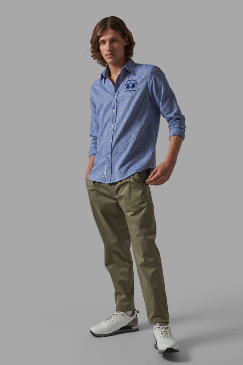 Camisas La Martina Slim-fit Linen-blend Hombre Azul Marino Chile | BXG-4071