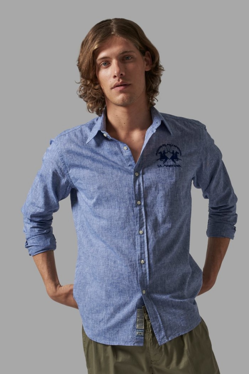 Camisas La Martina Slim-fit Linen-blend Hombre Azul Marino Chile | BXG-4071