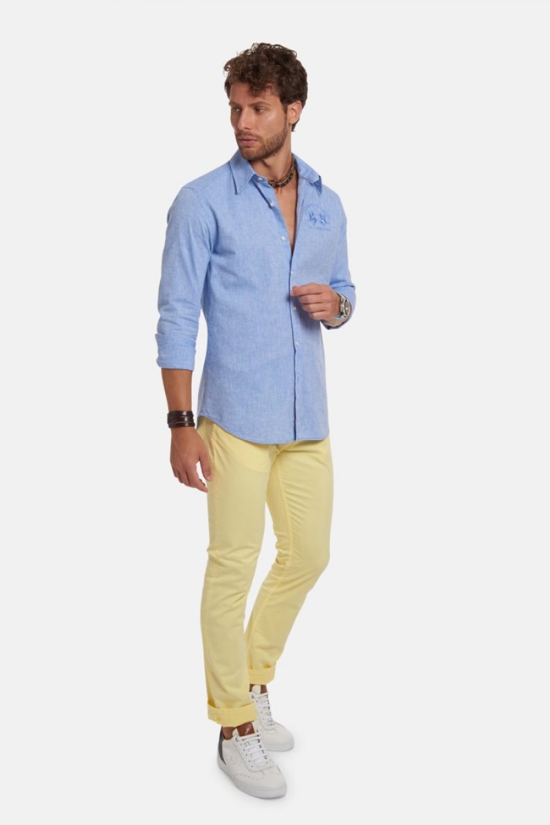 Camisas La Martina Slim-fit Linen-blend Hombre Azules Chile | OPN-4503