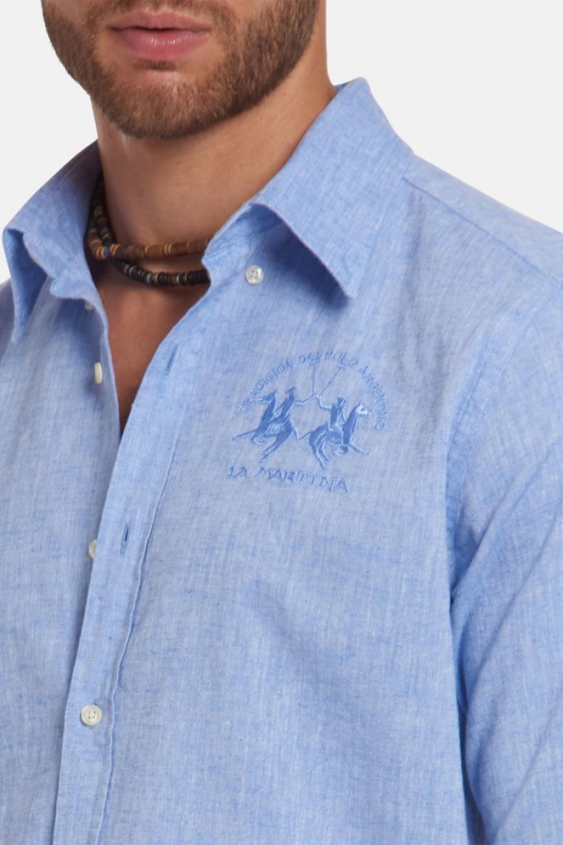 Camisas La Martina Slim-fit Linen-blend Hombre Azules Chile | OPN-4503