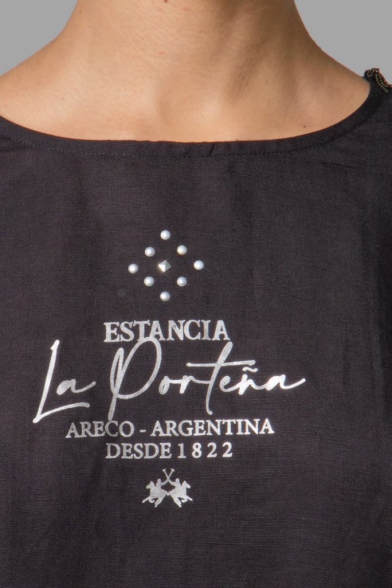 Polera La Martina Regular-fit Linen-blend Mujer Negras Chile | FOV-2120