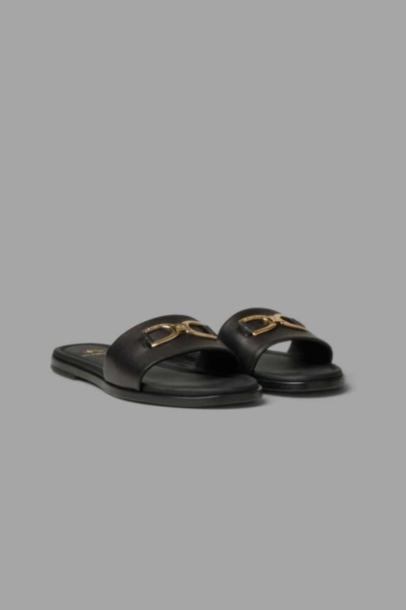 Chanclas La Martina Cuero With Brass Detail Mujer Negras Chile | FZN-1539