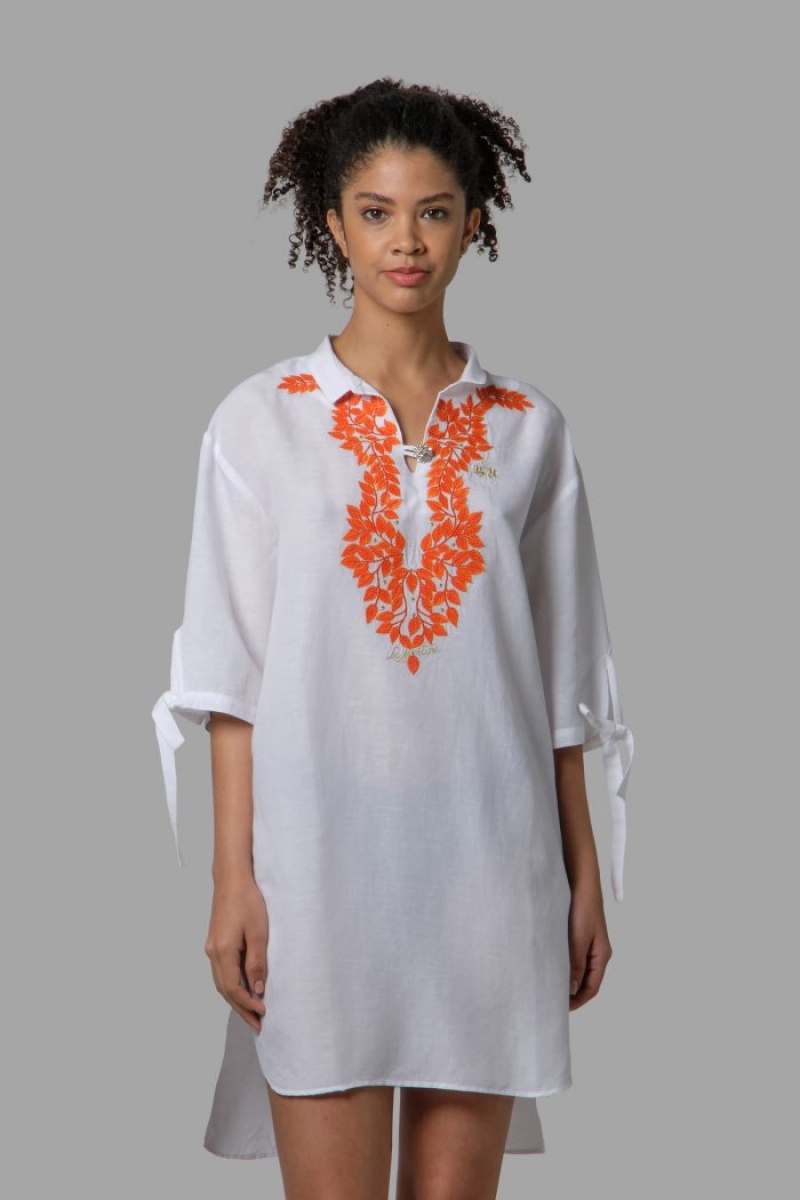 Kaftan La Martina Regular-fit Linen-blend Mujer Blancas Chile | EBQ-2171