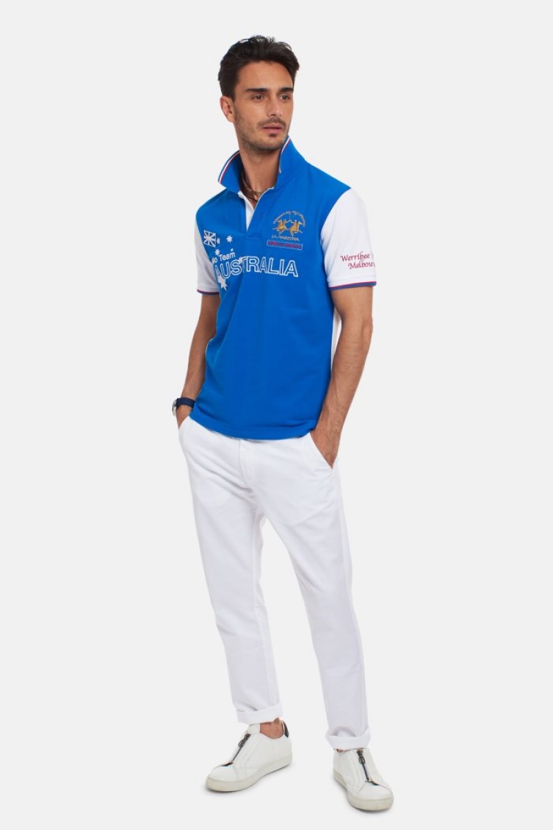 Polo La Martina Corta-sleeved Regular Fit Hombre Azules / Blancas Chile | LLT-4976