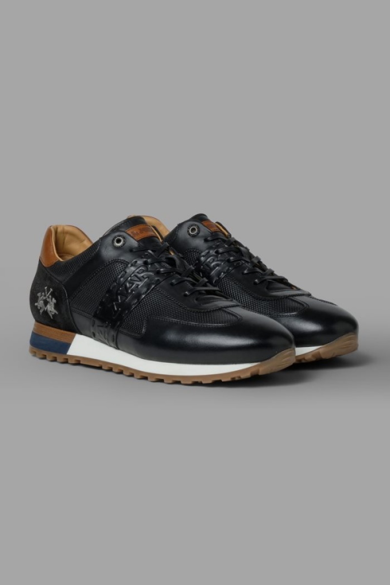 Zapatillas La Martina Cuero With A Two-tone Crepe Sole Hombre Negras Chile | TUK-7961