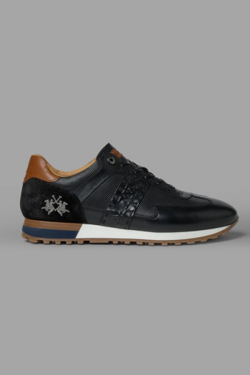 Zapatillas La Martina Cuero With A Two-tone Crepe Sole Hombre Negras Chile | TUK-7961